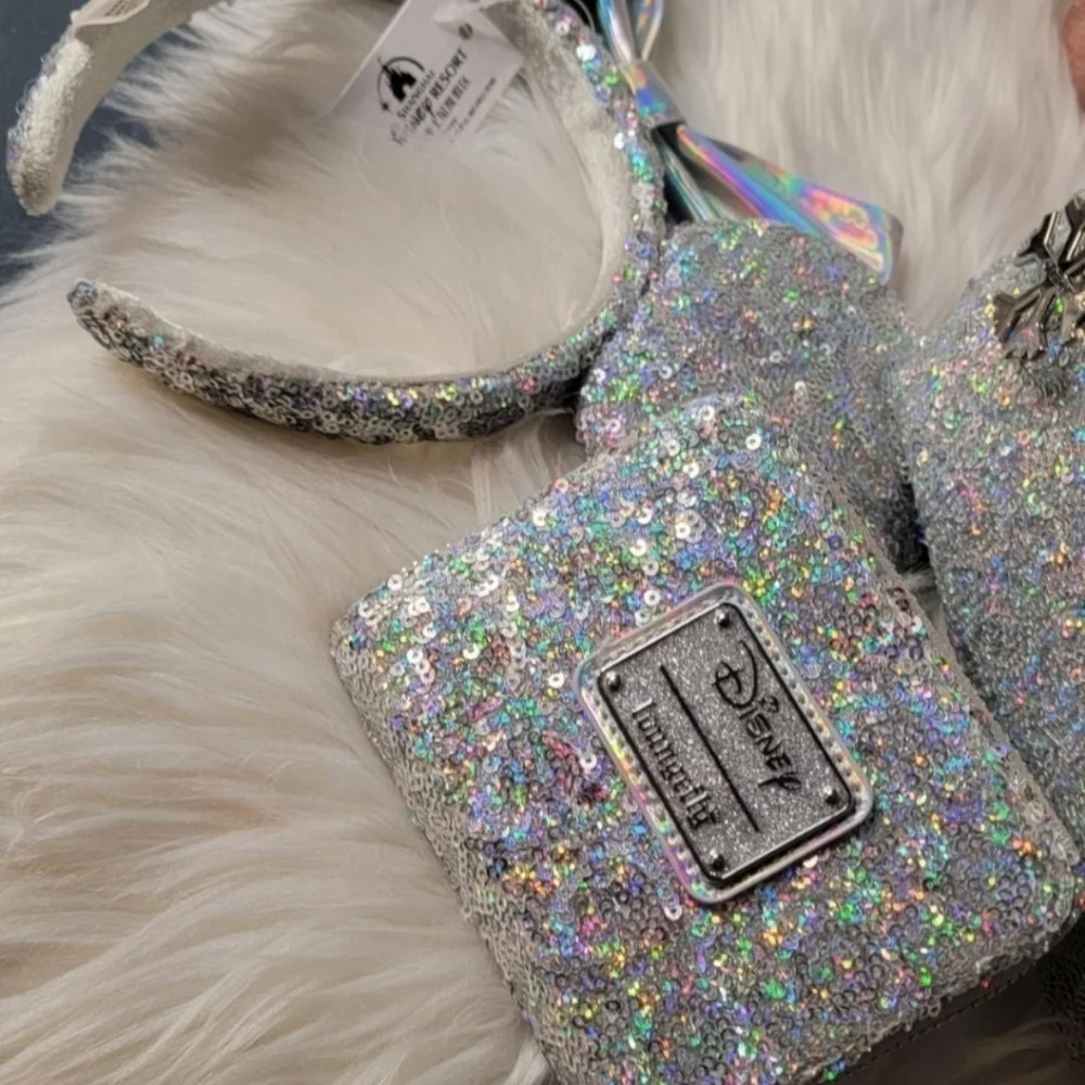 Set of 3!Silver Holographic Sequin Loungefly Backpack&Wallet&Ears